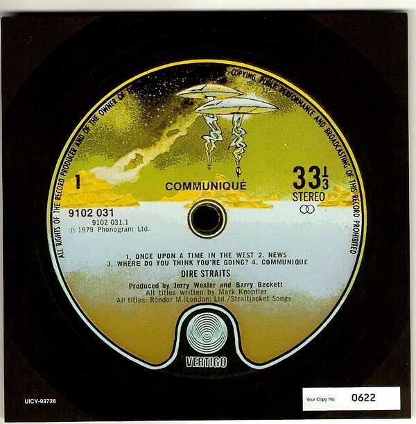 numbered label card, Dire Straits - Communique 